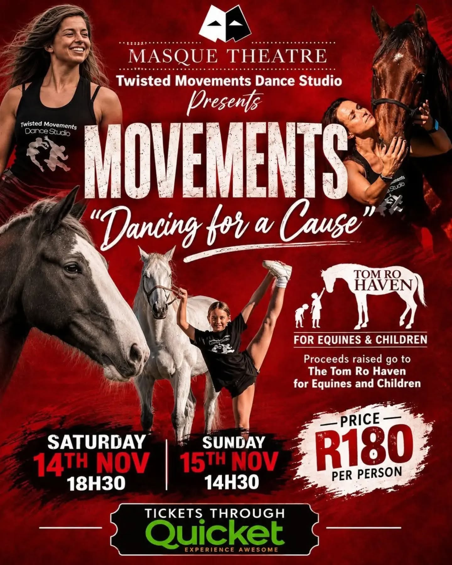 IT'S BACK. AND WE'RE SO GRATEFUL.
Once again, Twisted Movements Dance Studio is putting on an incredible show in support of Tom Ro Haven for Equines & Children.
And if you've been meaning to get your tickets… this is your reminder.
MOVEMENTS - DANCING FOR A CAUSE
@masquetheatresa
14 November | 18:30
15 November | 14:30
Masque Theatre
R180 per person
A brilliant evening or afternoon out - and every ticket helps support the horses at Tom Ro Haven.
Come and support the dancers.
Come and support the horses.
Come and be part of something good.
Tickets through Quicket (LINK IN BIO) - https://www.quicket.co.za/events/390026-movements
We'd love to see you there!
#movements #dancingforacause #tomrohaven #equinewelfare #horserescue #masquetheatre #capetownevents #dancing #dogoodfeelgood #twistedmovementsdancestudio