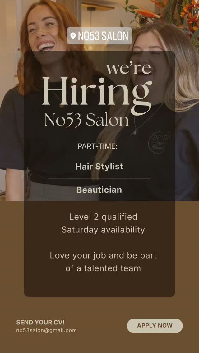 WE'RE HIRING... Are you an experienced beautician or stylist?
Looking for part-time work in an established, high-end salon, located in Tadworth, Surrey?
💅🏻BEAUTICIAN:
•Level 2 qualified
•Available to work Saturdays
•Experience with waxing, BIAB nails, lashes, and brows.
💇♀️STYLIST:
•Available to work Saturdays
•Level 2 qualified with strong cutting, styling, and colouring experience.
Clients are provided and managed for you.
So, if you want to work in a salon where collaboration, community, and encouragement are at the heart of everything we do APPLY NOW.
Pop in to the salon with your CV or email us no53salon@gmail.com
Know someone who'd be perfect for the role?
Share this post and help us find fantastic people to join our team ✨️
We're excited to meet you ☺️
.
#surreyjobs #beautyjobssurrey #hairstylistsurrey #beauticiansurrey #beautyjobssurrey