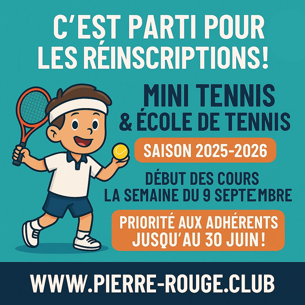 🌟 𝐂’𝐄𝐒𝐓 𝐏𝐀𝐑𝐓𝐈 𝐏𝐎𝐔𝐑 𝐋𝐄𝐒 𝐑𝐄𝐈𝐍𝐒𝐂𝐑𝐈𝐏𝐓𝐈𝐎𝐍𝐒 ! 🌟
Les écoles de tennis & mini tennis du TCPR rouvrent leurs portes pour la saison 2025-2026 !
🎒 Début des cours dès 𝗹𝗮 𝘀𝗲𝗺𝗮𝗶𝗻𝗲 𝗱𝘂 𝟵 𝘀𝗲𝗽𝘁𝗲𝗺𝗯𝗿𝗲
📍 Mini Tennis, École de Tennis, Perfectionnement ou Compétition
📆 𝗣𝗥𝗜𝗢𝗥𝗜𝗧𝗘 𝗮𝘂𝘅 𝗮𝗱𝗵𝗲𝗿𝗲𝗻𝘁𝘀 𝗷𝘂𝘀𝗾𝘂’𝗮𝘂 𝟯𝟬 𝗷𝘂𝗶𝗻 !
📲 Dossiers à déposer rapidement à l’accueil, possibilité de les télécharger sur notre site internet.
📸 Fiche + photo + paiement + QS-Sport (mineurs)
C’est reparti ? 🎾❤️