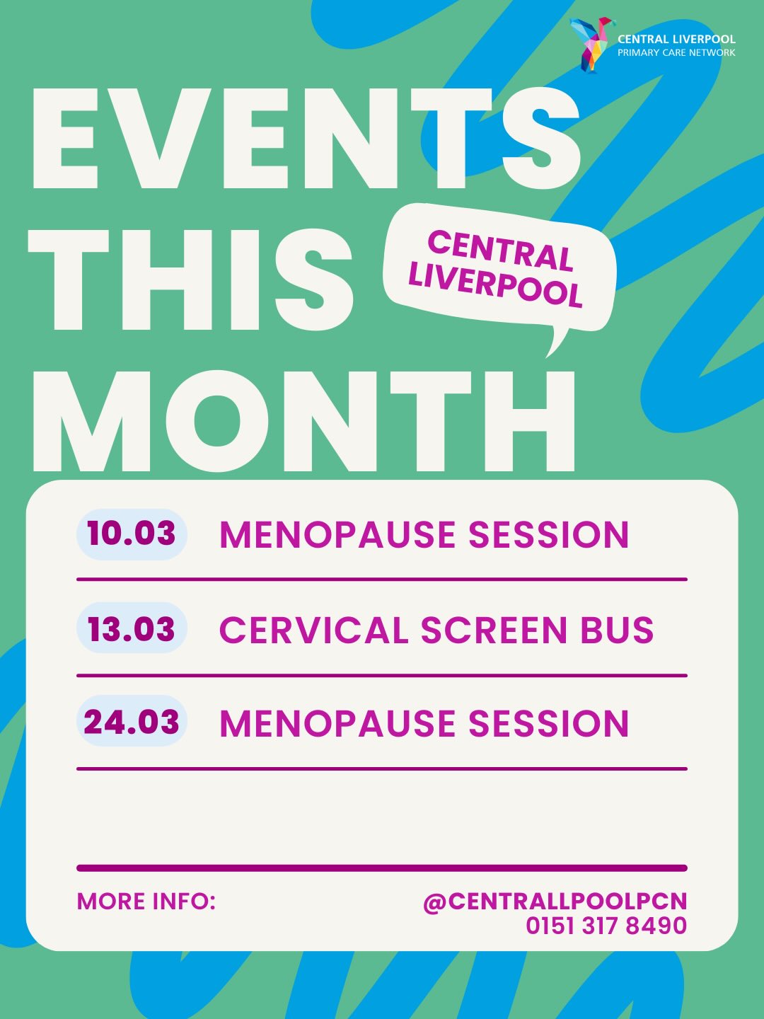〰️
✨ What’s On This #March ✨
We have a number of upcoming health events taking place this March, aimed at supporting and improving women’s health in our community. 💜
Understanding the Menopause: An Educational Session
📆 — 10th March
Mobile Cervical Screening Clinic
📆 — 13th March
Understanding the Menopause: An Educational Session
📆 — 24th March
These sessions are a great opportunity to learn more about your health, access support, and speak with professionals in a welcoming environment.
Please see the relevant posters included in this post for full details on each event, including locations and times.
If you’re interested in attending or would like to learn more, feel free to get in touch.
We look forward to seeing you there! 😊