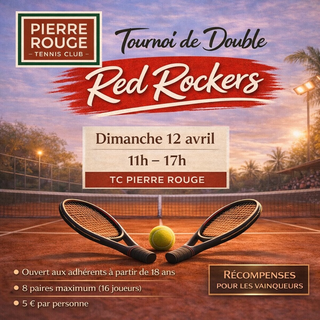 Tournoi de Double Red Rockers au TC Pierre Rouge 🎾
Rendez-vous dimanche 12 avril 2026 pour une journée de tennis conviviale et familiale au club !
📅 Dimanche 12 avril 2026
⏰ 11h - 17h
📍 TC Pierre Rouge
👥 8 équipes maximum (16 joueurs)
🔞 Ouvert aux adhérents à partir de 18 ans
🎾 Double en composition libre : homme / femme / mixte
🏆 4 matchs minimum assurés par équipe
💶 5 € par personne
🥗 Salades froides et desserts sur place
🏅 Récompenses pour les vainqueurs
📲 Inscriptions par SMS au 07 62 75 76 44
Merci de préciser le nom des 2 joueurs de l’équipe.
⚠️ Places limitées
On vous attend nombreux pour partager un super moment sportif et convivial au club ! 🔥
#tennis #PierreRouge #TennisClub #Montpellier #TournoiDeDouble