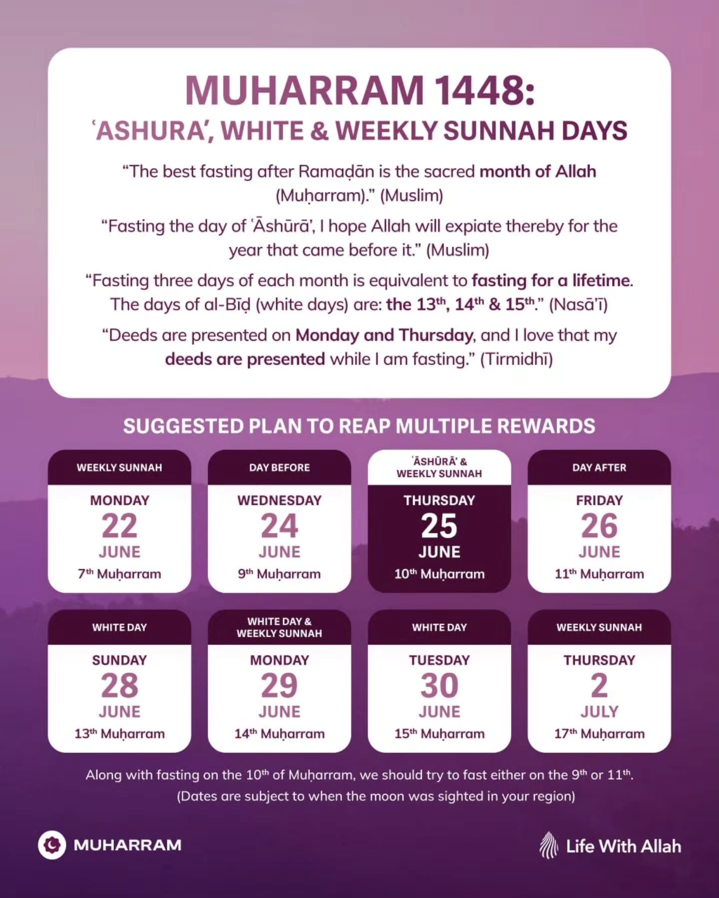 A Suggested 8 Day Fasting Plan in Muharram to Reap Multiple Rewards
#Muharram #Fasting #10thMuharram #Ashura #ayyamulbidh