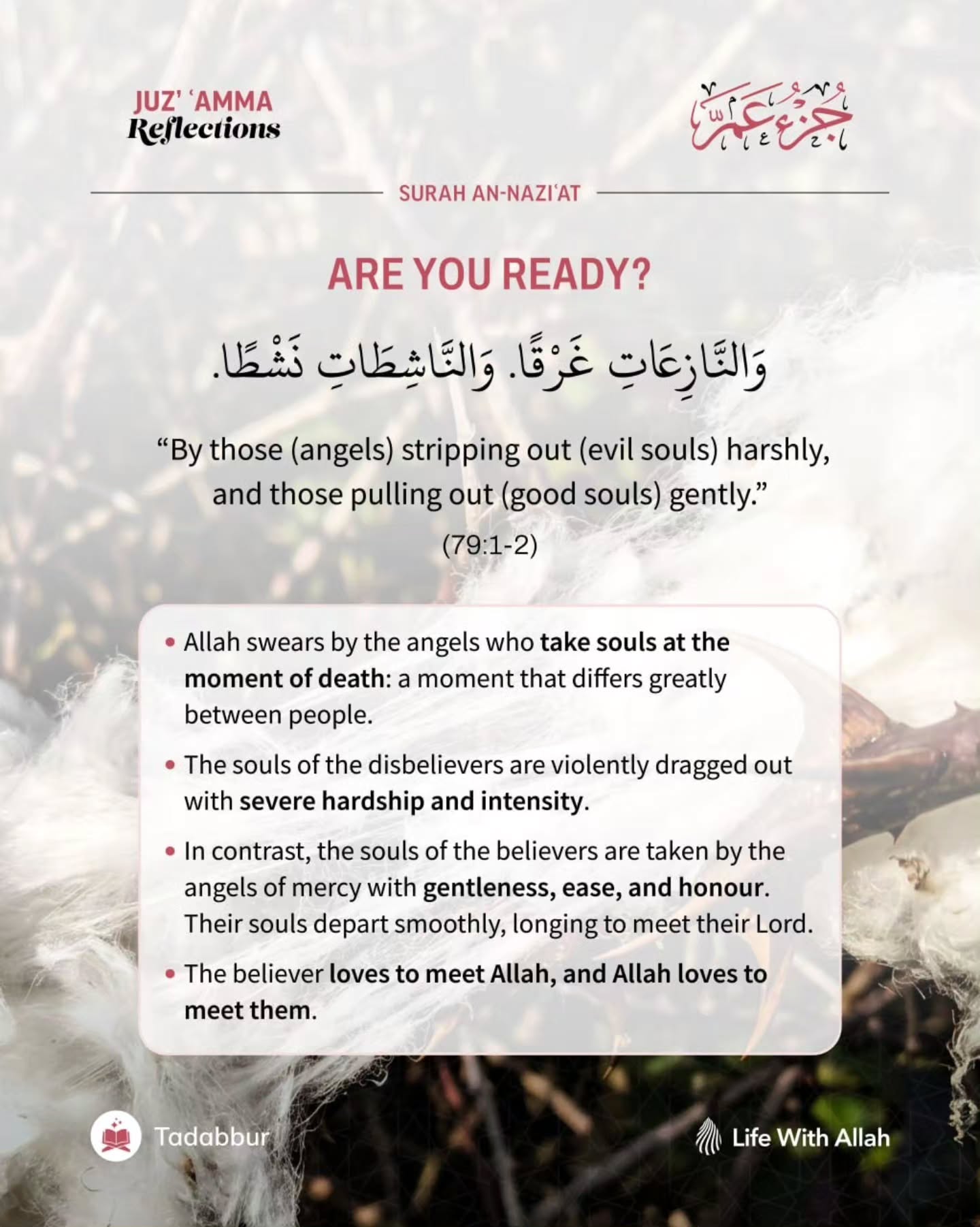 Reflect: How do you wish your soul to be extracted at the time of death? How often do you think of this moment?
Act: What do you need to change today to prepare for that moment?
#JuzAmma #SurahAnNaziat #Death #Quran #Tadabbur