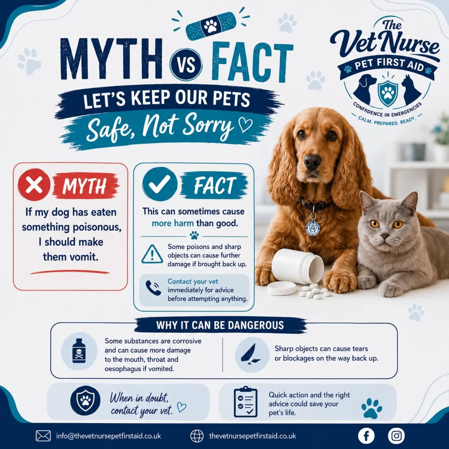 🚨 MYTH vs FACT: Should you make your pet vomit after they've eaten something poisonous? 🤔🐾
❌ MYTH: If your dog has eaten something poisonous, you should make them vomit.
✅ FACT: This can sometimes do more harm than good.
Not every poison should be brought back up. Some substances are corrosive and can burn the mouth, throat and oesophagus a second time if vomited. Sharp objects can also cause serious injury or become lodged on the way back up.
The best thing you can do is:
🐶 Stay calm.
📞 Contact your veterinary practice or an emergency vet immediately.
💊 Tell them exactly what your pet has eaten, how much, and when it happened.
🚫 Never give home remedies or try to induce vomiting unless a veterinary professional specifically tells you to.
Quick action and the right advice can make all the difference in an emergency. ❤️
Have you heard this myth before? Let me know in the comments! 👇
#PetFirstAid #dogsafety #catsafety #PetPoisoning #PetEmergency