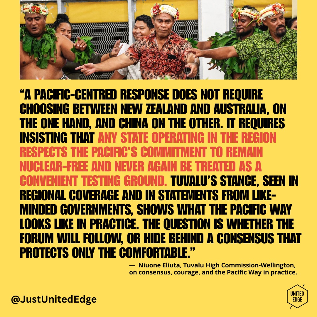 Consensus is often celebrated as a strength of the Pacific region. This article examines the tensions exposed by the recent missile incident near Tuvalu and the failure of Pacific Islands Forum foreign ministers to reach a joint statement. The Pacific Way was built around dialogue, relationships, reflection and collective decision-making. These values matter but should not become a reason for the region to remain silent when the security and sovereignty of its most vulnerable members are at stake.
Tuvalu's experience reminds us that those with the least power can face the greatest risks. Regional institutions must therefore ask whether their processes are genuinely serving the communities they were created to protect. https://bit.ly/3RSCNUE
#Pacific #Tuvalu #PacificWay #PacificRegionalism #ClimateAndSecurity #PeaceAndSecurity #SmallIslandStates #PacificVoices #SelfDetermination #Decolonization