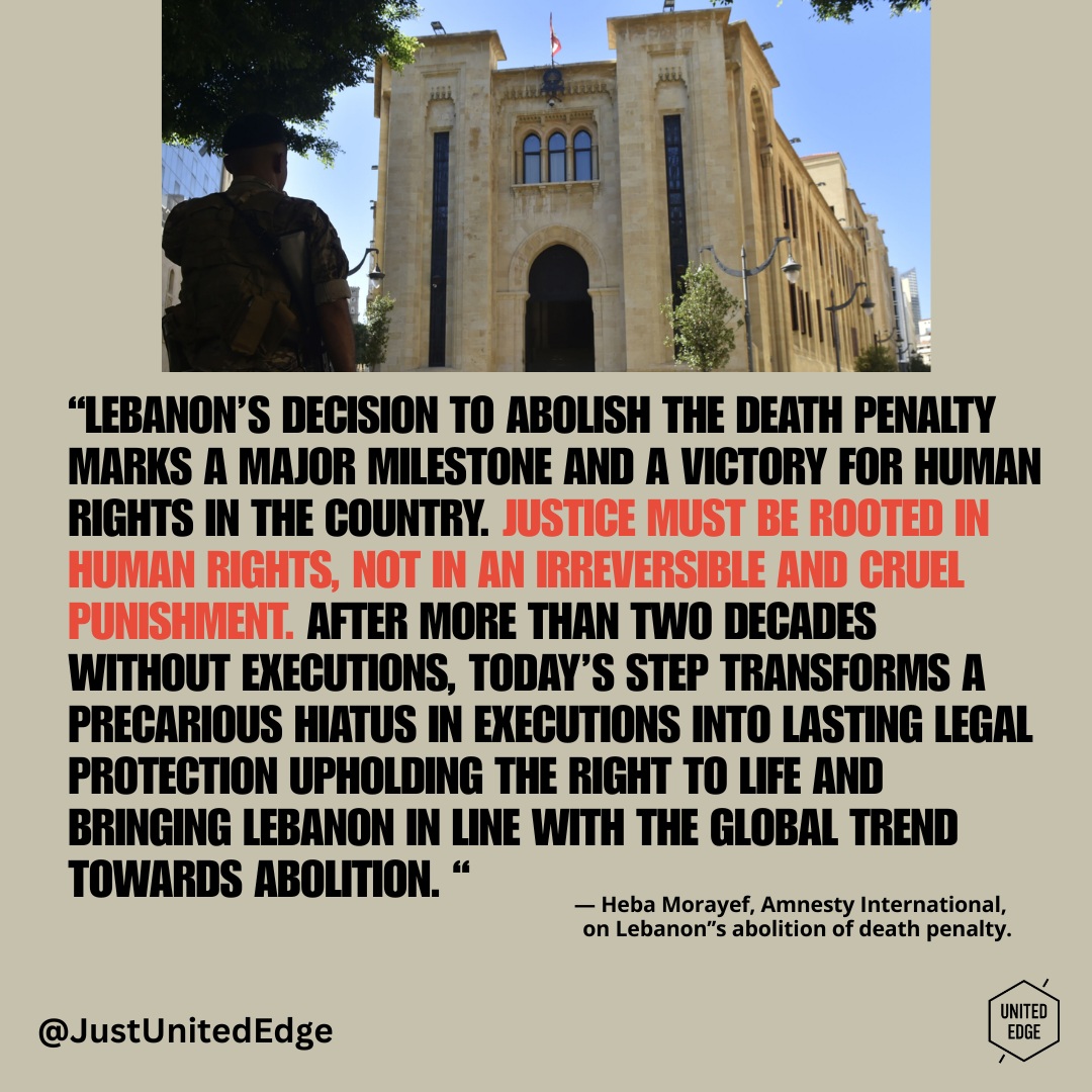 After decades without executions, Lebanon’s parliament has approved legislation abolishing the death penalty for all crimes. The change follows years of advocacy by Lebanese human rights defenders and civil society organizations. This is a shift in how we understand justice: from punishment and retribution towards dignity, fairness, and the protection of the right to life.
But abolition is not the end of the journey. The law must now be implemented, death sentences must be commuted, and Lebanon should strengthen its commitment to international human rights standards. https://bit.ly/4qvZlrb
#AbolishTheDeathPenalty #HumanRights #Justice #Lebanon #RightToLife #HumanRightsDefenders #CriminalJustice #Dignity #RuleOfLaw #SocialJustice