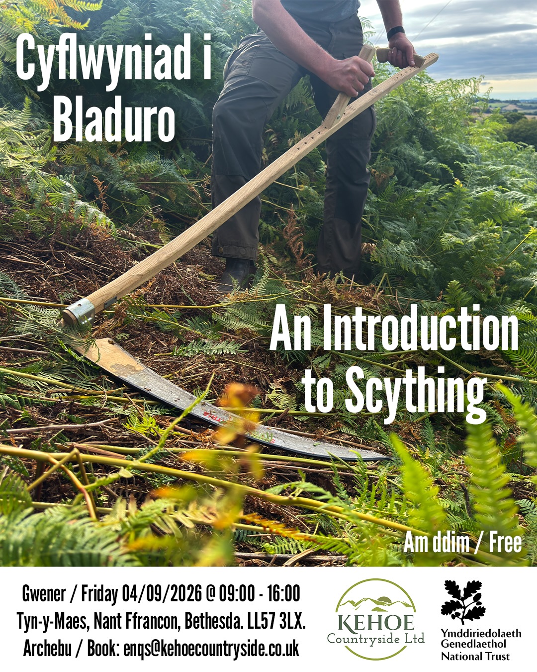 Cyflwyniad i Bladuro / An Introduction to Scything πΎ
Da ni’n falch o gynnig hyfforddiant pladuro AM DDIM mewn cydweithrediad â @ntcymru πΏ
Os ydych chi ffansi dysgu sgil draddodiadol newydd, ebostiwch enqs@kehoecountryside.co.uk
Nifer cyfyngedig o lefydd ar gael, felly cyntaf i’r felin! π±
-
We’re proud to offer a FREE day of scything training in collaboration with @ntcymru πΏ
Fancy learning a traditional skill and giving scything a go?
Email enqs@kehoecountryside.co.uk to find out more.
Places are limited, so it’s first come, first served!