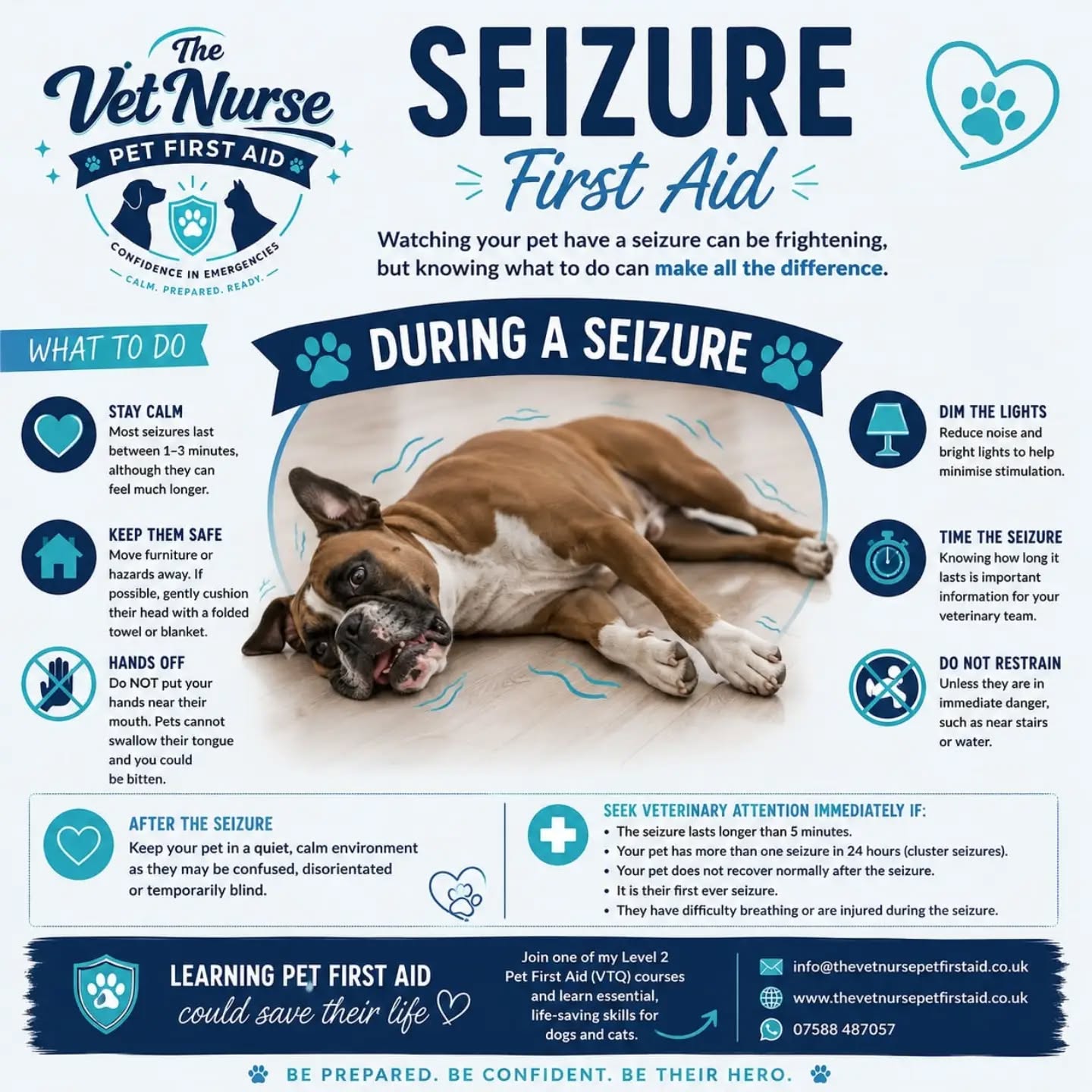 ⚠️ Seizure First Aid – Stay Calm, Stay Safe ⚠️
Watching your pet have a seizure can be frightening, but knowing what to do can make all the difference.
🐾 Stay calm – most seizures last between 1–3 minutes, although they can feel much longer.
🐾 Keep your pet safe by moving furniture or other hazards away. If possible, gently cushion their head with a folded towel or blanket.
🐾 Do NOT put your hands near their mouth. Contrary to popular belief, pets cannot swallow their tongue during a seizure, and you could be bitten accidentally.
🐾 Dim the lights and reduce noise to help minimise stimulation.
🐾 Time the seizure. Knowing how long it lasts is important information for your veterinary team.
🐾 Do not restrain your pet unless they are in immediate danger, such as near stairs or water.
🐾 Once the seizure has finished, keep your pet in a quiet, calm environment as they may be confused, disorientated or temporarily blind.
🚨 Seek veterinary attention immediately if:
• The seizure lasts longer than 5 minutes.
• Your pet has more than one seizure in 24 hours (cluster seizures).
• Your pet does not recover normally after the seizure.
• It is their first ever seizure.
• They have difficulty breathing or are injured during the seizure.
💙 Learning pet first aid won't stop emergencies from happening, but it can help you respond confidently until your pet receives veterinary care.
📅 Join one of my Level 2 Pet First Aid (VTQ) courses to learn essential life-saving skills for dogs and cats.
📧 info@thevetnursepetfirstaid.co.uk
🌐 www.thevetnursepetfirstaid.co.uk
📱 WhatsApp: 07588 487057
Have you ever witnessed a pet having a seizure? Share your experience below—you may help another pet owner feel more prepared. ❤️
#PetFirstAid #SeizureFirstAid #DogHealth #CatHealth #petsafety