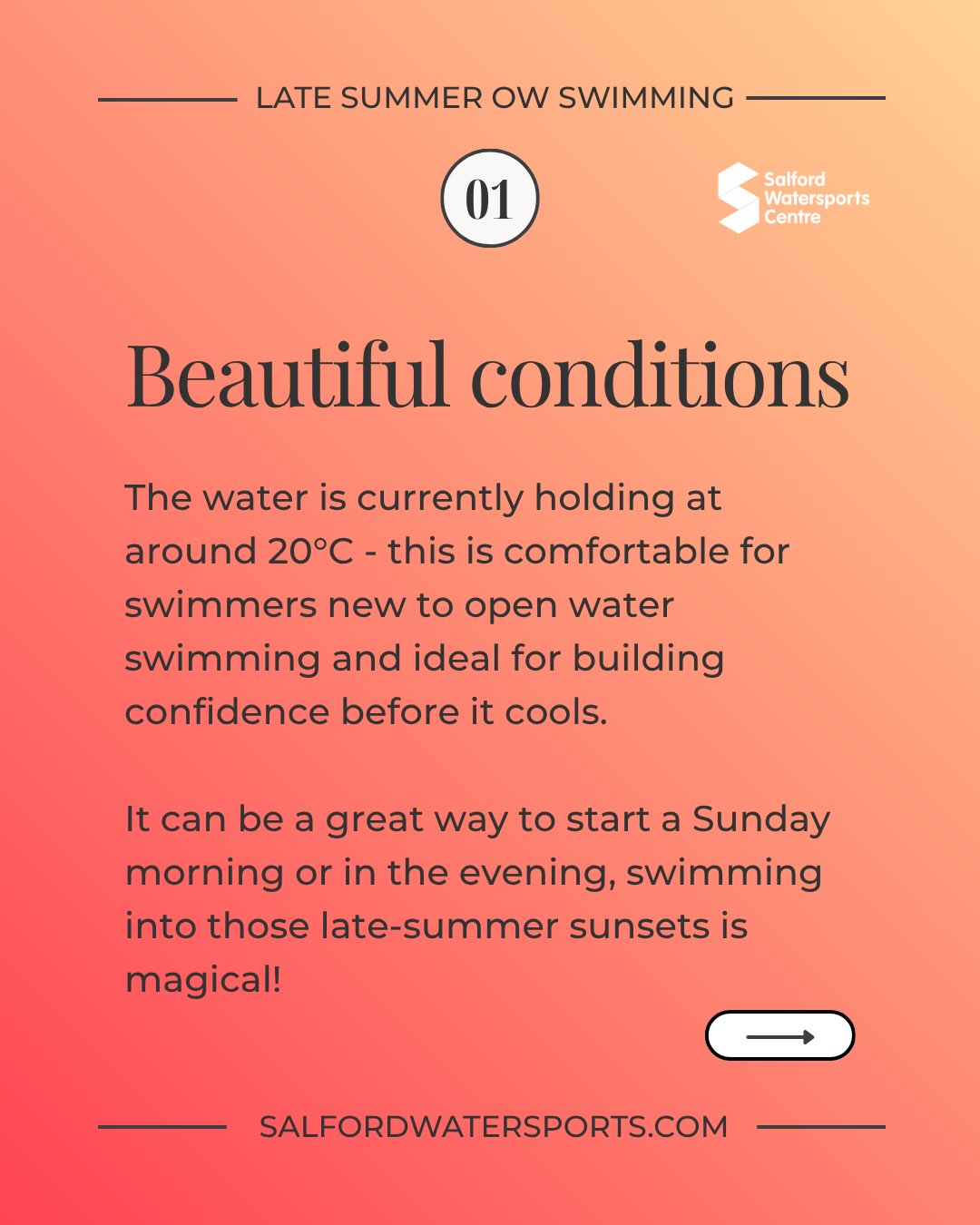 Here’s what’s coming up @salfordwsc for late summer and beyond: 🌅 Evening swims: Tues & Thurs continue through Sept and into early Oct. As the nights draw in, we may finish earlier and eventually drop one evening session depending on numbers and light. ☀️ Sunday swims: 09:30am-12pm (throughout Sept +Oct moving to Cold Water Swims at the end of Oct). We also have coaching from @swimmingmattersuk 🏊🏽Sessions & prices: • General swim: £6.50 • Intro to Open Water: £27 (includes wetsuit) • 1-2-1 or 2-2-1 coaching: £30 • specialised workshops: Breaststroke to front crawl OR front crawl and open water skills £14 🎃 Plus don’t miss our Spook-tacular annual Halloween Night Swim (details to follow) @salfordwsc we pride ourselves on making our centre as welcoming and inclusive as possible - whether you’re here for fitness, wellbeing, or just to try something new. Our sessions offer great facilities inc changing rooms with showers, free parking and great value with discounted block passes available.
Further info and Book via salfordwatersports.com #openwaterswimming #openwatercoaching #salford #mediacityuk #justkeepswimming