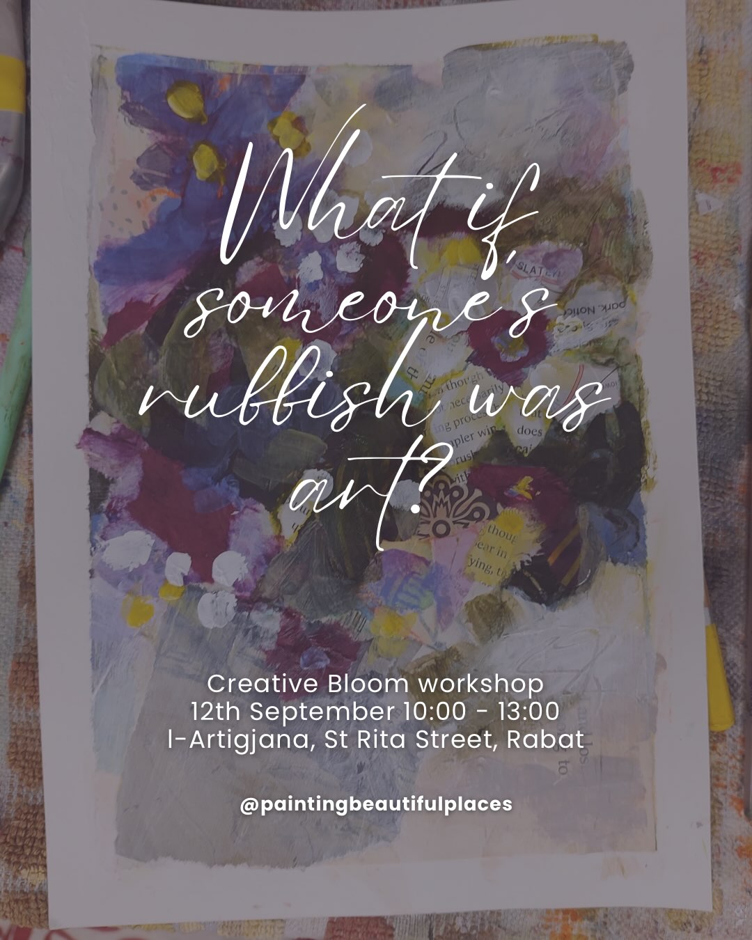 Old poetry, tissue paper, fabric…turn scraps into treasures with this relaxed and engaging workshop. No experience needed and all materials provided.
Link in bio for details or comment BLOOM to find out more 🌸
12 th September, 10:00 - 13:00
L-Artigjana, St Rita Street, Rabat