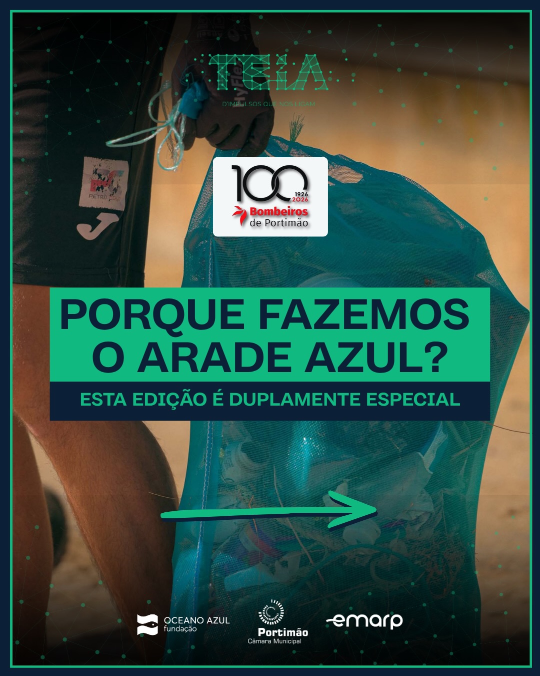 🌊💙 Porque fazemos o Arade Azul?
Este ano, juntamo-nos aos Bombeiros de Portimão para assinalar os seus 100 anos ao serviço da comunidade, aliando esta celebração ao Dia Internacional de Limpeza Costeira, promovido em Portugal pela Fundação Oceano Azul.
Ao longo das suas edições, o Arade Azul já permitiu recolher 8.378 kg de resíduos, através de 21 ações e 576 participações. 💚
No dia 19 de setembro, voltamos à Mata de João d’Arens. Junta-te a nós! ✨
📅 19 de setembro
🕘 09h00–10h30
📍 Mata de João d’Arens
🔗 A participação é gratuita, mediante inscrição, através do link disponível na bio.
🤝Com o apoio de:
@portimaooficial
@oceanoazulfoundation
@emarp_portimao
@bombeiros_portimao