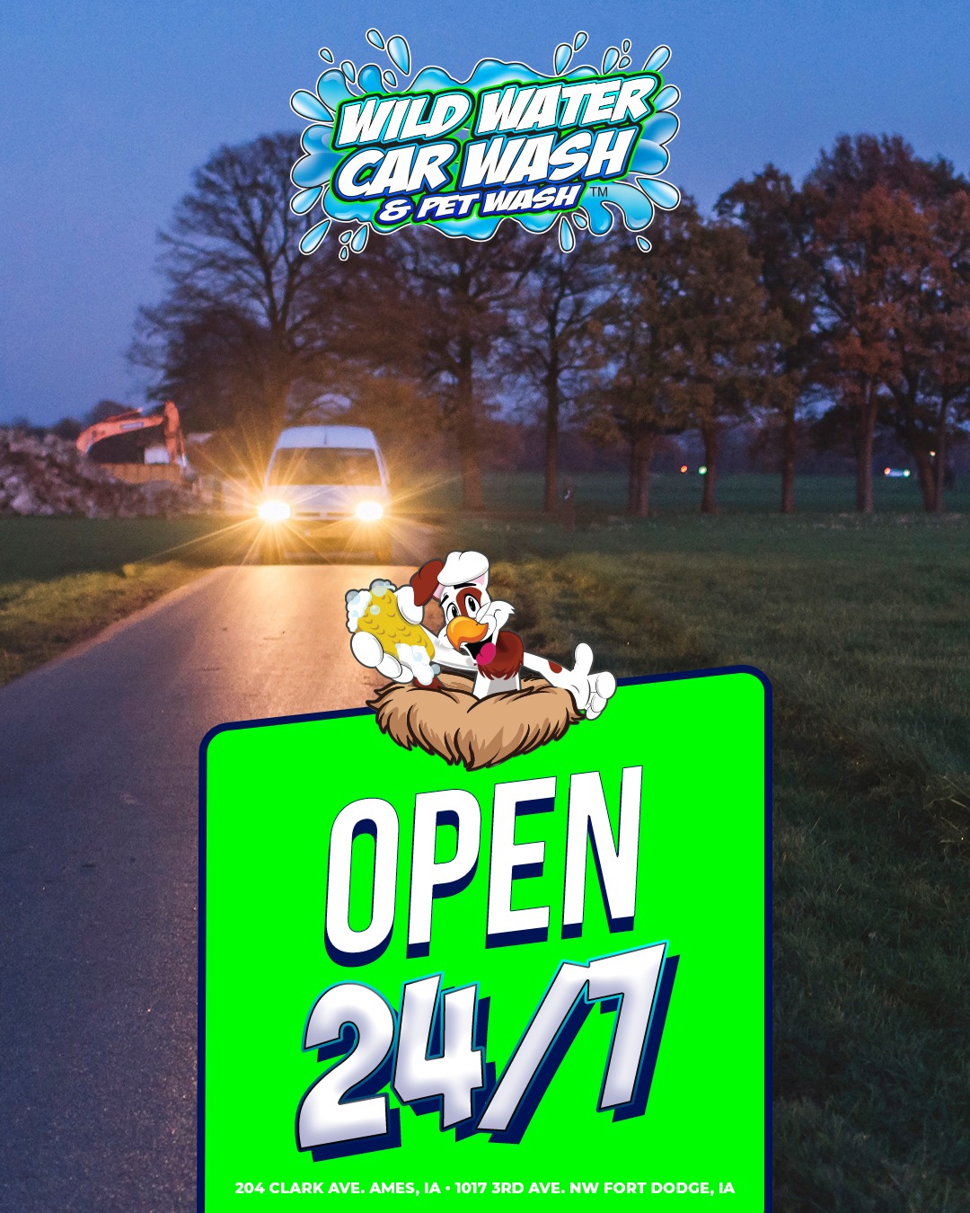 Wild Water Car Wash has self-serve car wash bays open 24 hours a day, 7 days a week! Pull in whenever it fits your schedule. A clean car is always just around the corner!
➡️WildWaterCarWash.com
📍204 Clark Ave. Ames, IA
📍1017 3rd Ave. NW Fort Dodge, IA Self-Serve Car Wash & Pet Wash only