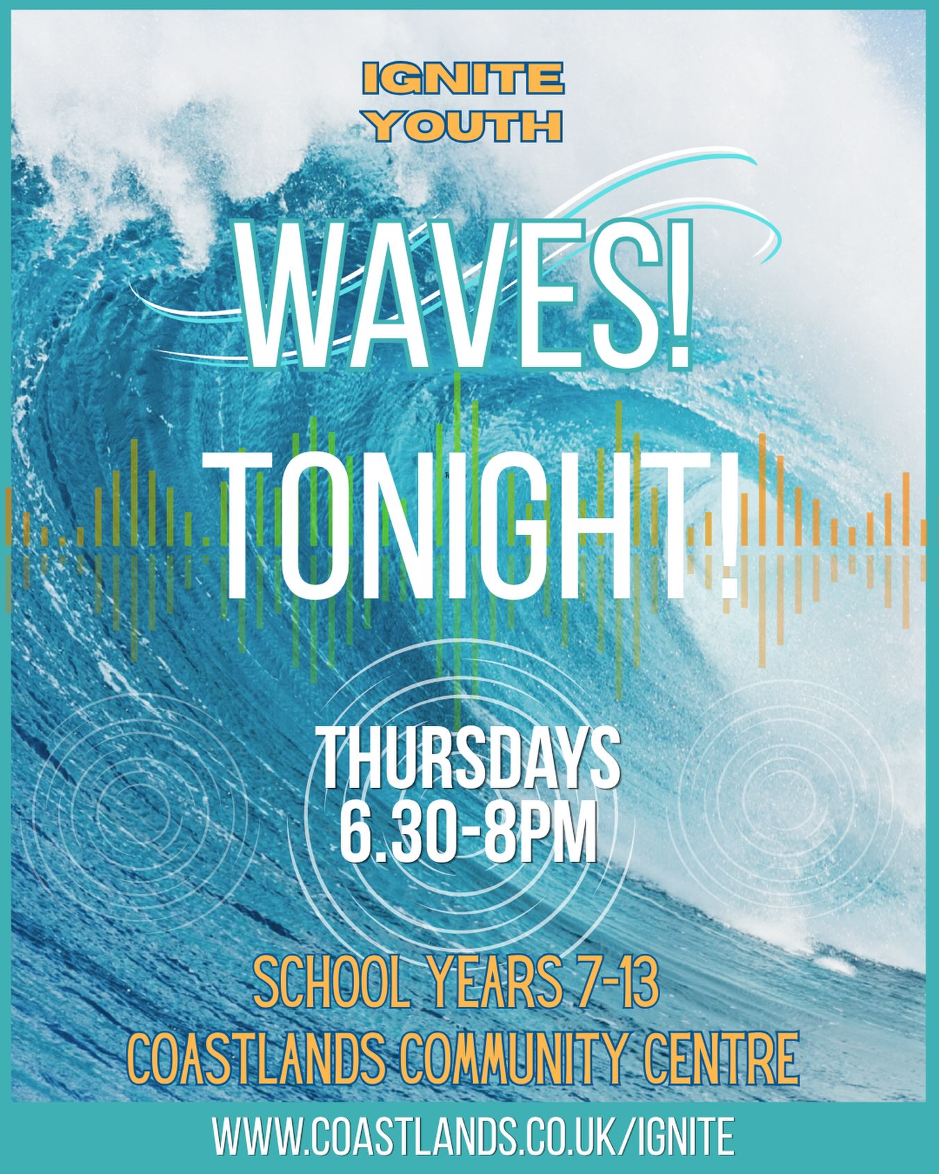 Waves ๐
Tonight ๐ฅณ
6.30-8pm โฐ
School Yrs 7-13 ๐
www.coastlands.co.uk/ignite